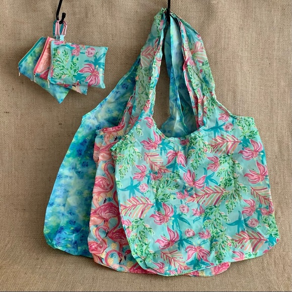 Reusable Foldable Tote Bags Market / Groceries Blue Pink Green 3 Total NWT - Picture 1 of 9